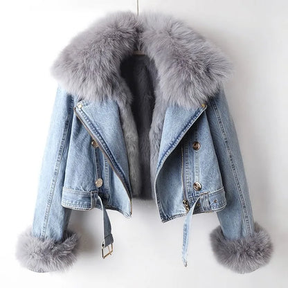 Dam Kappa Avtagbar Krage Denim med Tvättbjörnpäls-6