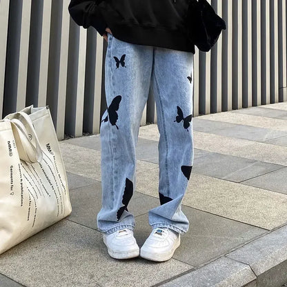 Kvinnor Baggy Jeans Fjärilstryck 100% Bomull-1