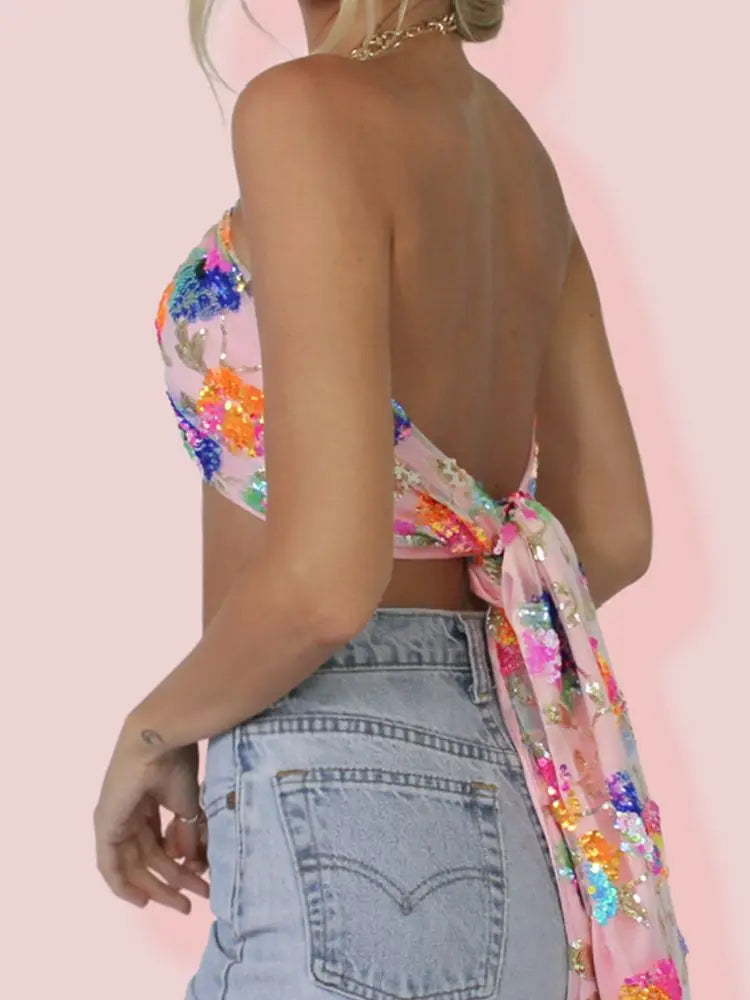 Dam Crop Top Blommönster med Paljetter Polyester-3