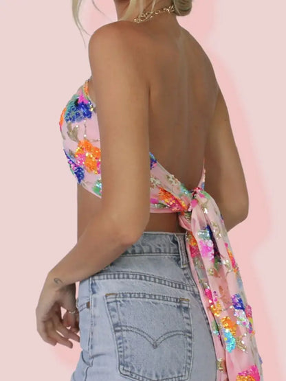 Dam Crop Top Blommönster med Paljetter Polyester-3