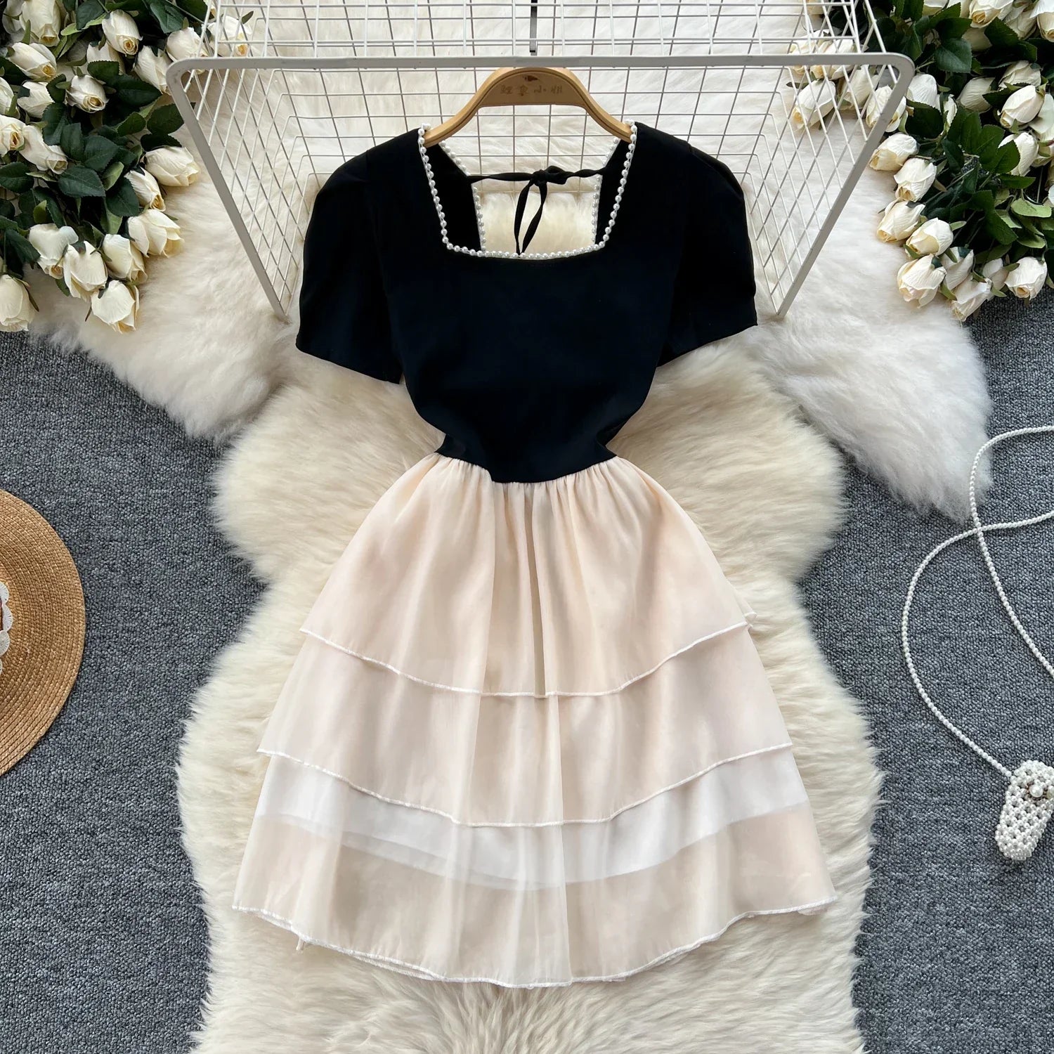 Kvinnors Miniklänning A-linje Fyrkantig Halsringning Polyester-1