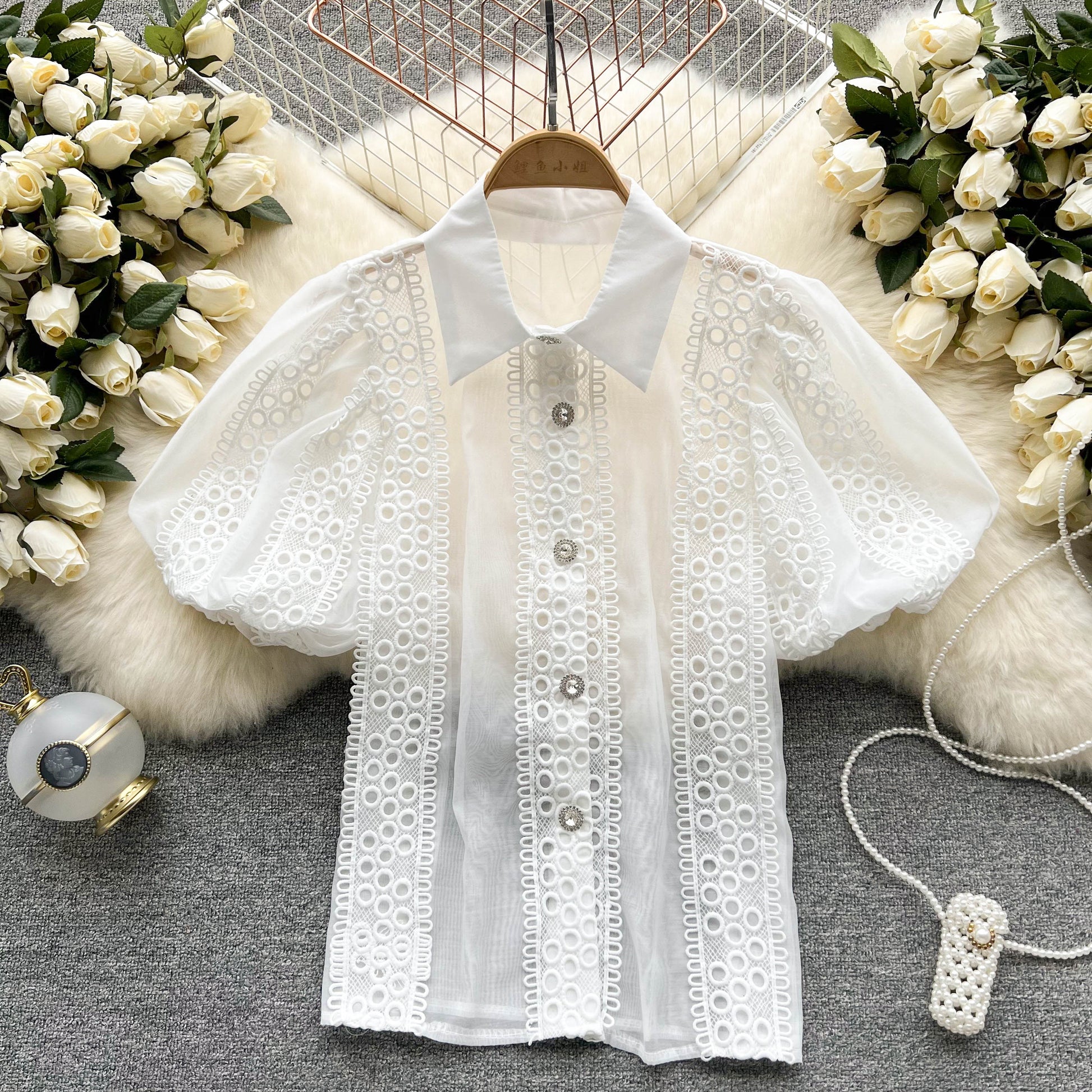 Dam Blus Puffärmar Mjuk Bomull Monokrom 2