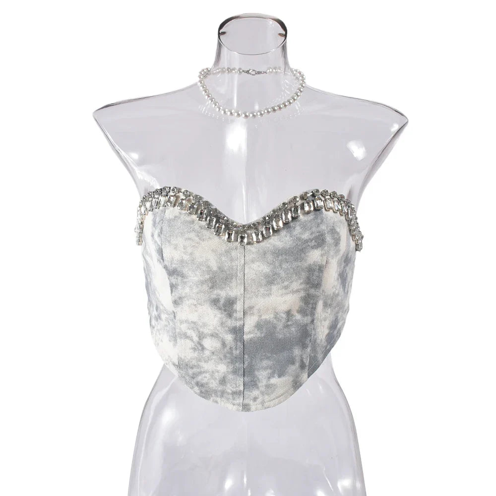 Dam Glittrig Topp Kort Passform med Tryck och Strass i Mjuk Bomullspolyester-1