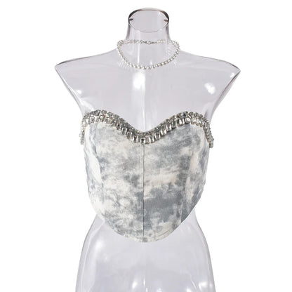 Dam Glittrig Topp Kort Passform med Tryck och Strass i Mjuk Bomullspolyester-1