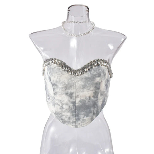 Dam Glittrig Topp Kort Passform med Tryck och Strass i Mjuk Bomullspolyester-1