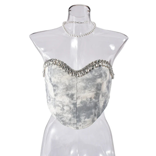 Dam Glittrig Topp Kort Passform med Tryck och Strass i Mjuk Bomullspolyester-1