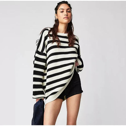 Dam Tröja Långa Ärmar Randigt Mjuk Andningsbar Material-1