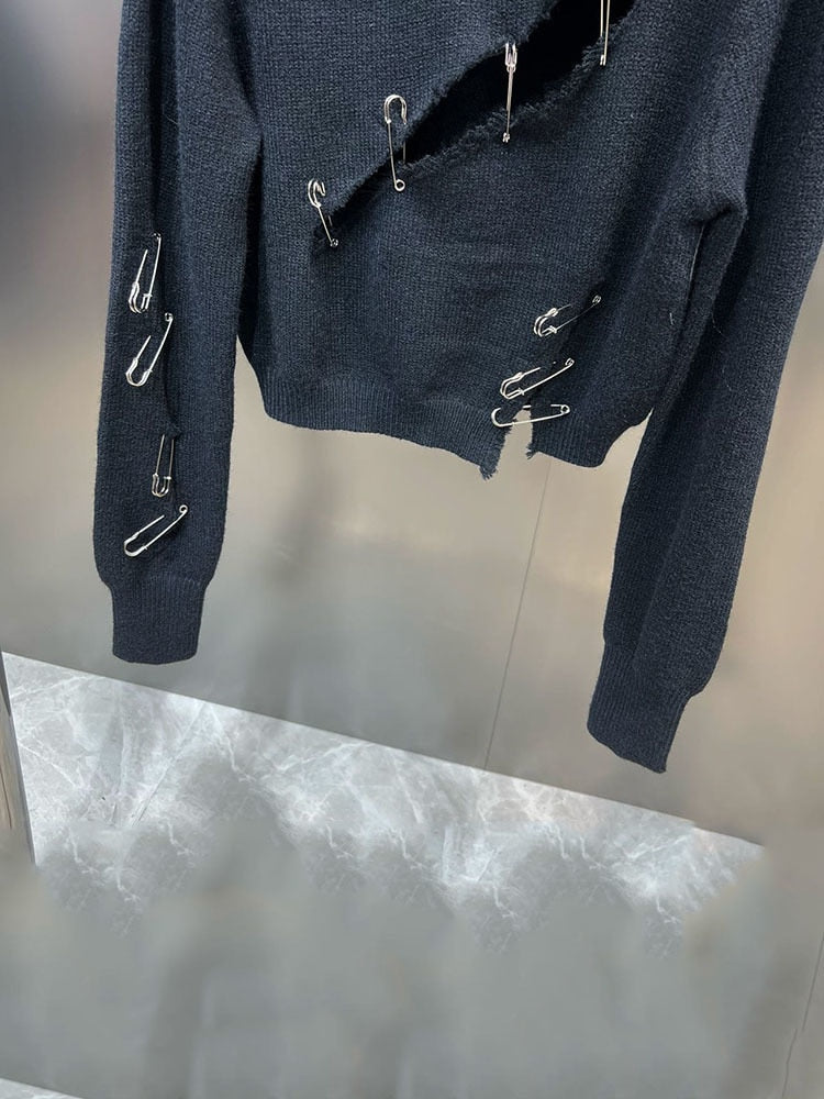 Stickad Dam Tröja Monokrom Polyester med Virkningsarbete-2