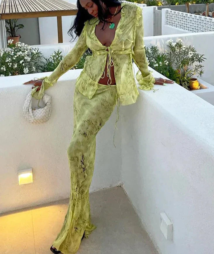 Dam Set Strandkjol Långärmad Topp Lätt Material-3