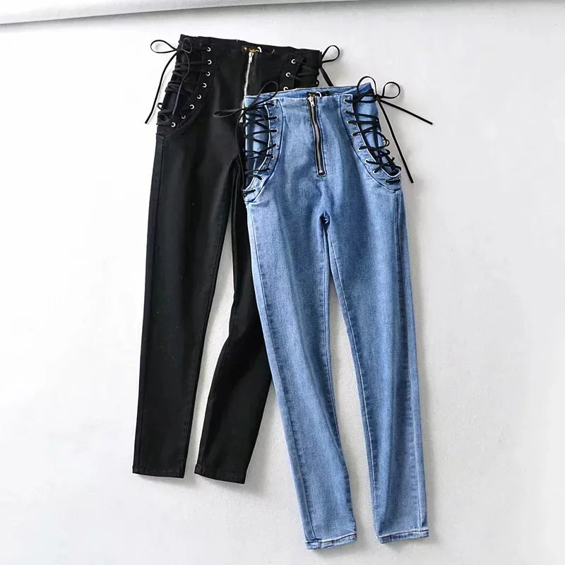 Damjeans Hög Midja Tätt Passande med Falsk Dragkedja i Bomull och Polyester-4
