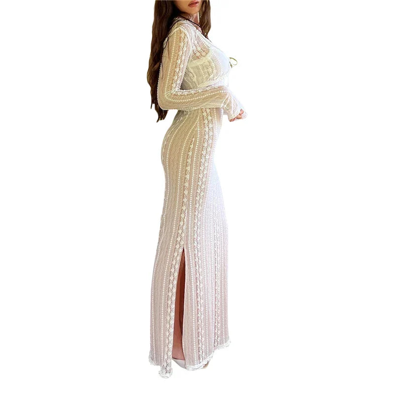 Kvinna Lång Klänning Spets Flödande Design-2