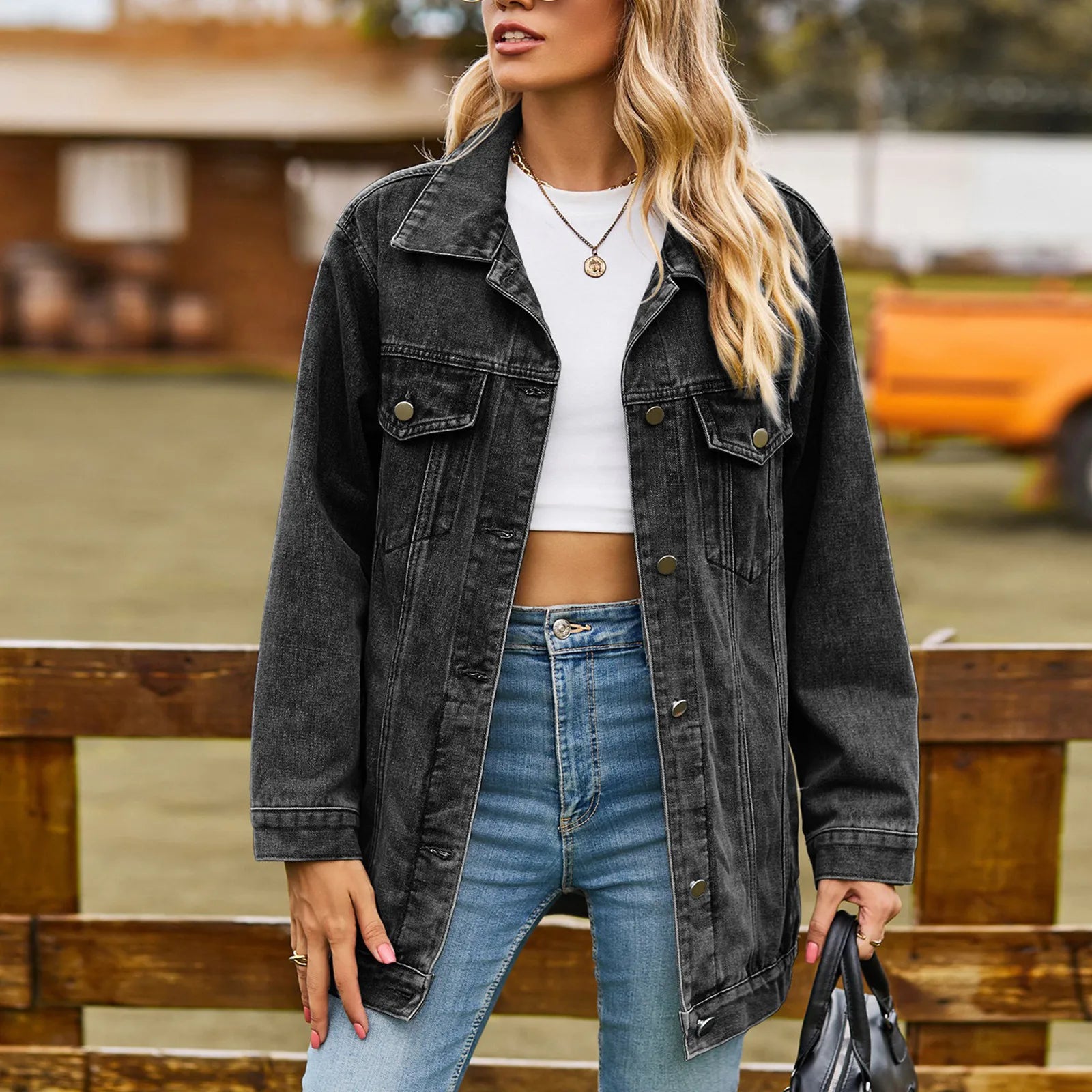 Dam Denimjacka Klassisk Vintage Design Mjuk Denim-6