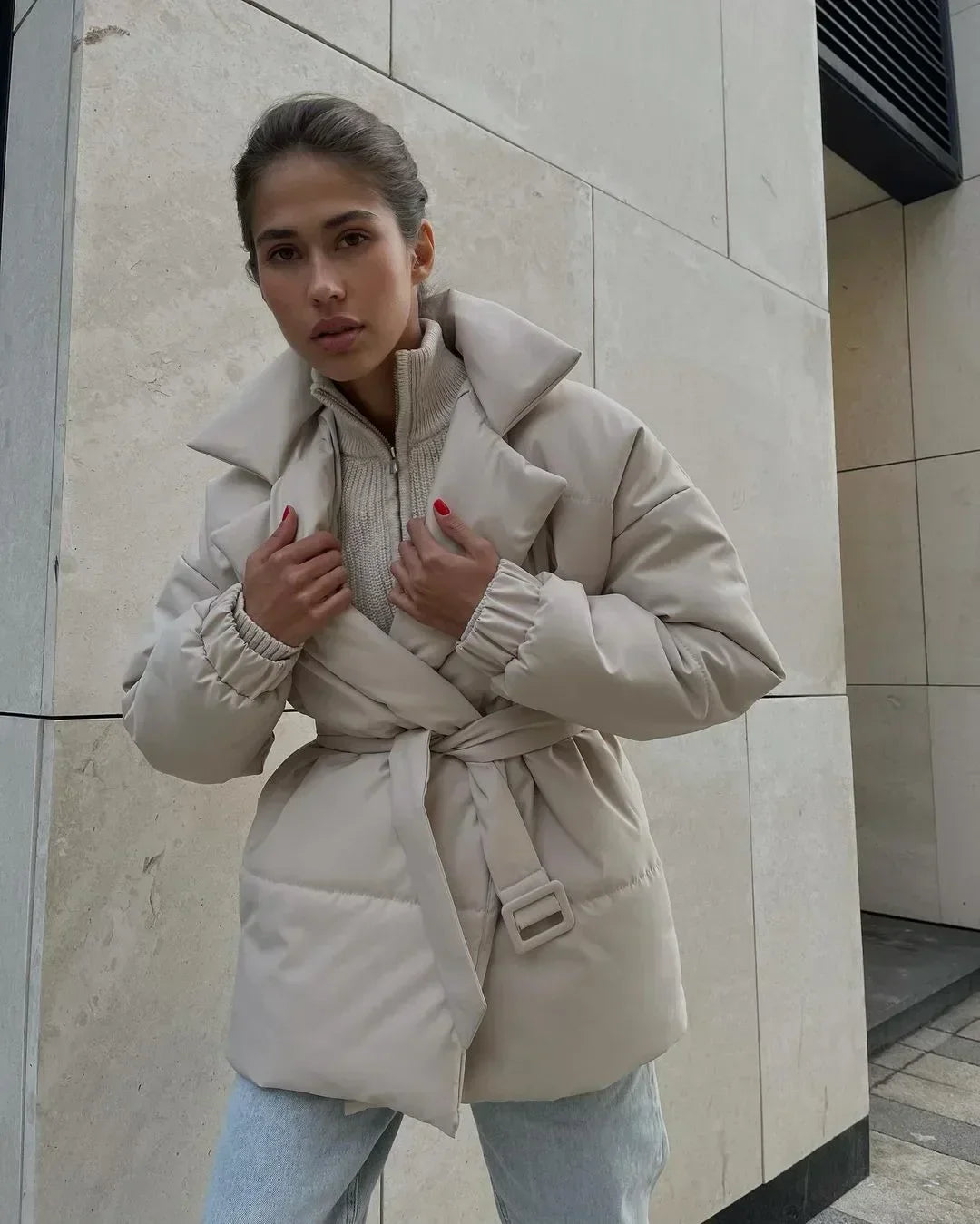 Damjacka med Bälte Högkvalitativ Polyester Elegant Stil-2