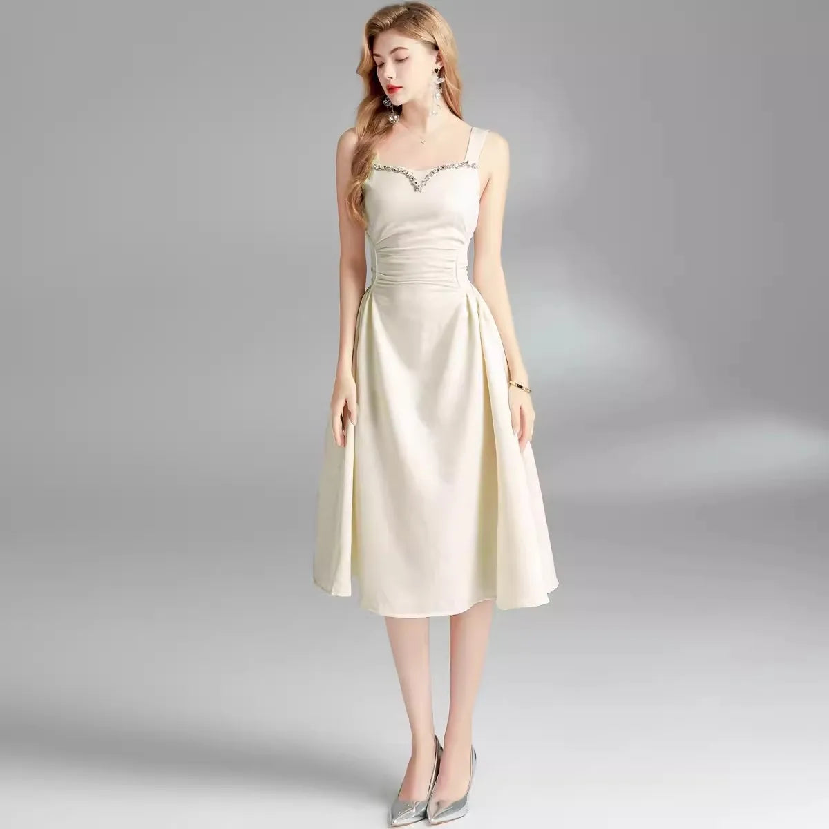 Dam Midi Klänning Spaghetti Band A-linjeformad Bomull och Polyester-3