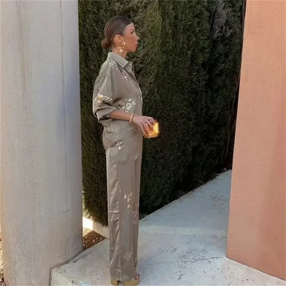 Kvinnors Träningsdräkt Blommönster Loose Fit Satin-2