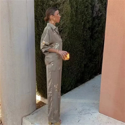 Kvinnors Träningsdräkt Blommönster Loose Fit Satin-2