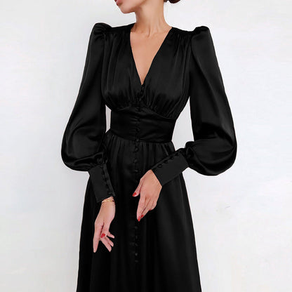 Kvinnors Vintage Klänning MIDI Satin Knappdesign-6