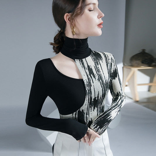 Dam Blus Geometrisk Viskos Semi-Transparent Rollkrage-1