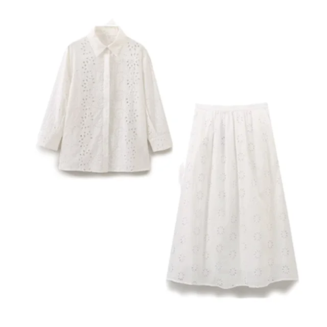 Variant image for Dam 2-delad Set Broderad Blus och Byxor i Lätt Bomull för Sommarkläder-1