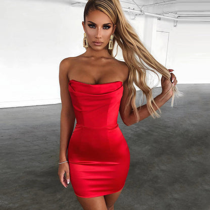 Dam Miniklänning Ryggfri Satin Ovanför Knäet-1