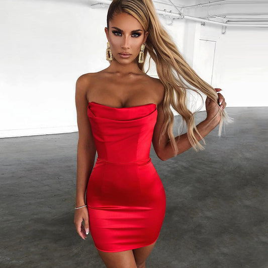 Dam Miniklänning Ryggfri Satin Ovanför Knäet-1