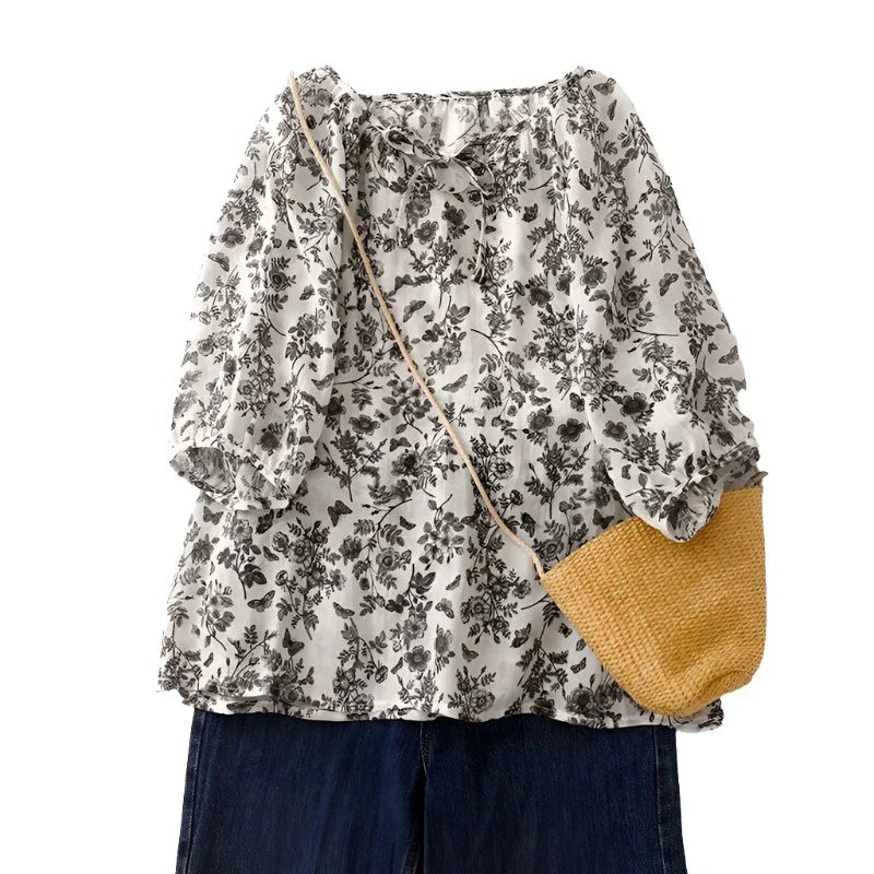 Damblus Blommigt Linne Avslappnad 100% Linne-1