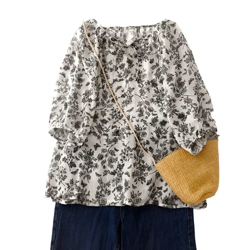 Damblus Blommigt Linne Avslappnad 100% Linne-1