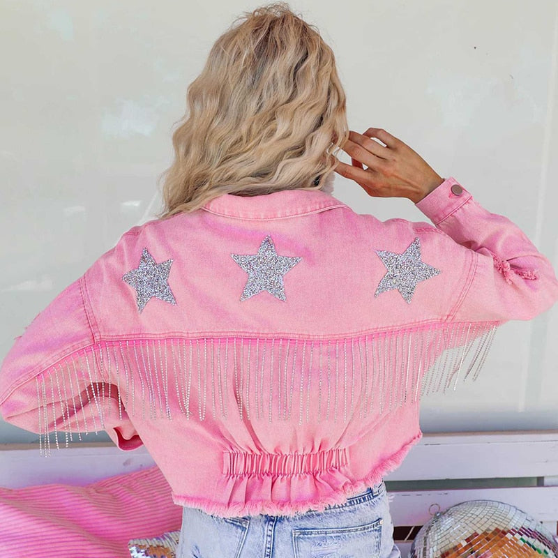 Dam Denimjacka Boho Chic med Fransar Högkvalitativ Denim-2