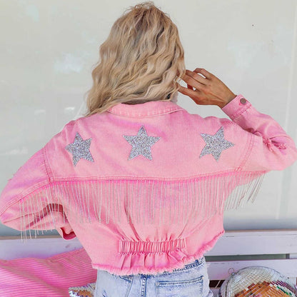 Dam Denimjacka Boho Chic med Fransar Högkvalitativ Denim-2