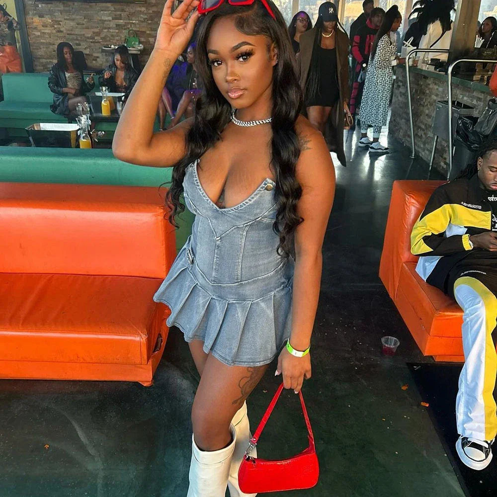 Dam Miniklänning Draperad Denim Slim Fit-4