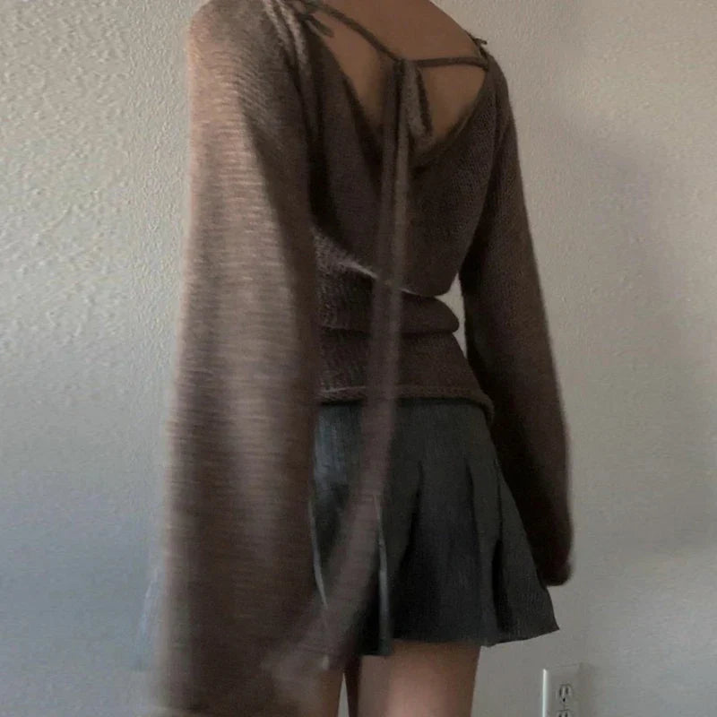 Stickad Dam Tröja Med Klockärmar Mjuk Akryl-3