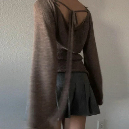 Stickad Dam Tröja Med Klockärmar Mjuk Akryl-3