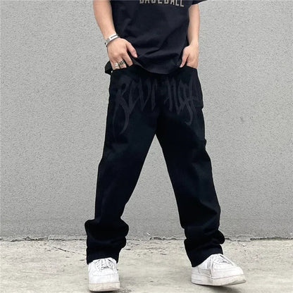 Herr Baggy Jeans med Gotiskt Broderi i Högkvalitativ Denim-3