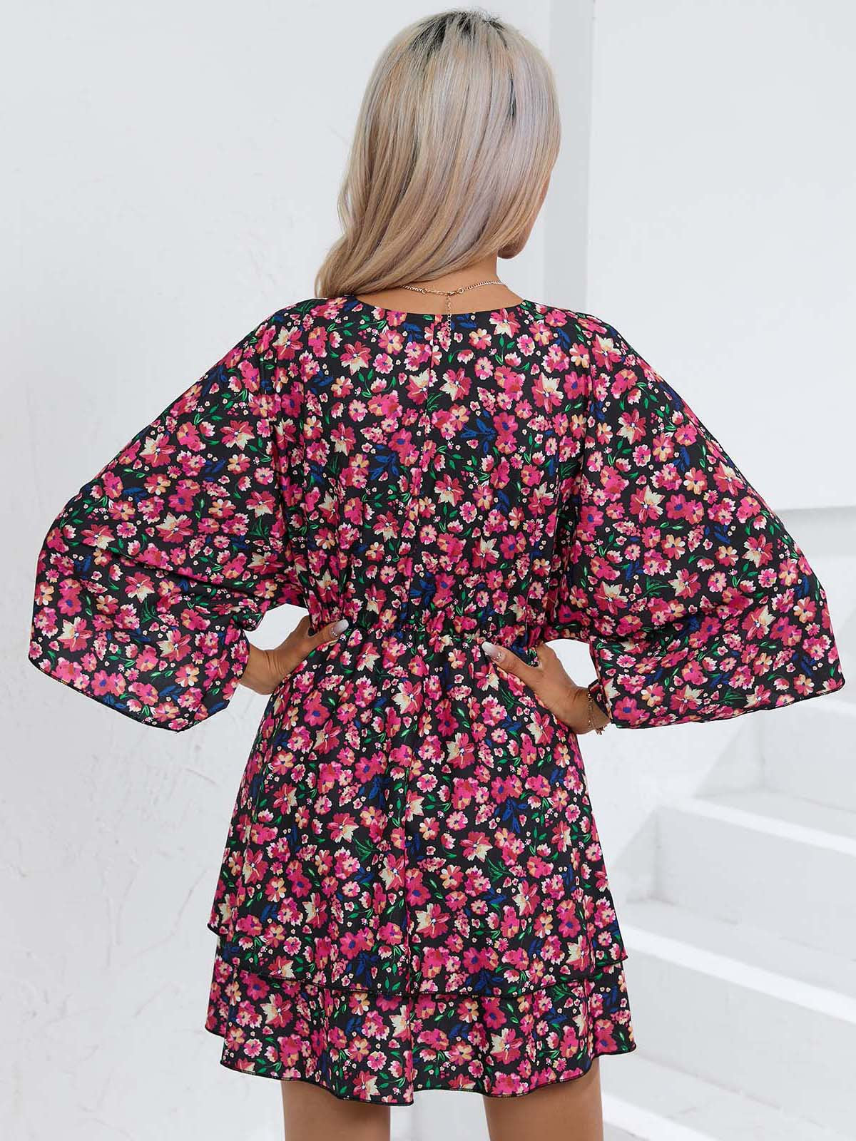 Miniklänning för Dam med V-ringning, Bred Ärmar och Elastisk Midja – Rosa Polyester, XS-2XL 4