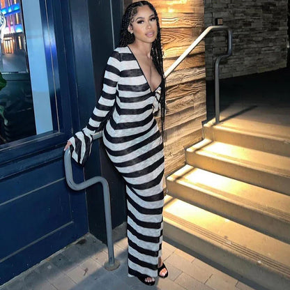 Maxiklänning Dam V-ringning Randig Polyester Lång Ärmar-3