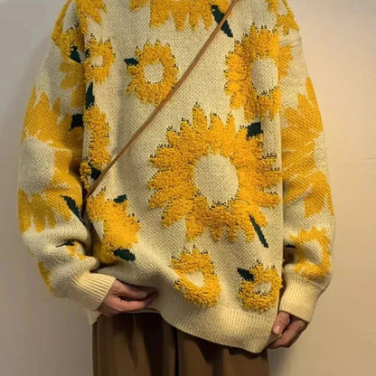 Stickad Dam Tröja med Solrosmönster i Tjock Akryl-5