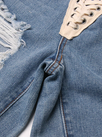 Dam Shorts Hållbar Denim med Sprickor och Snören-6