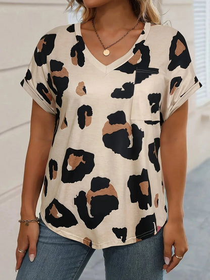 Dam T-shirt V-ringning Leopardmönster 100% Bomull-3
