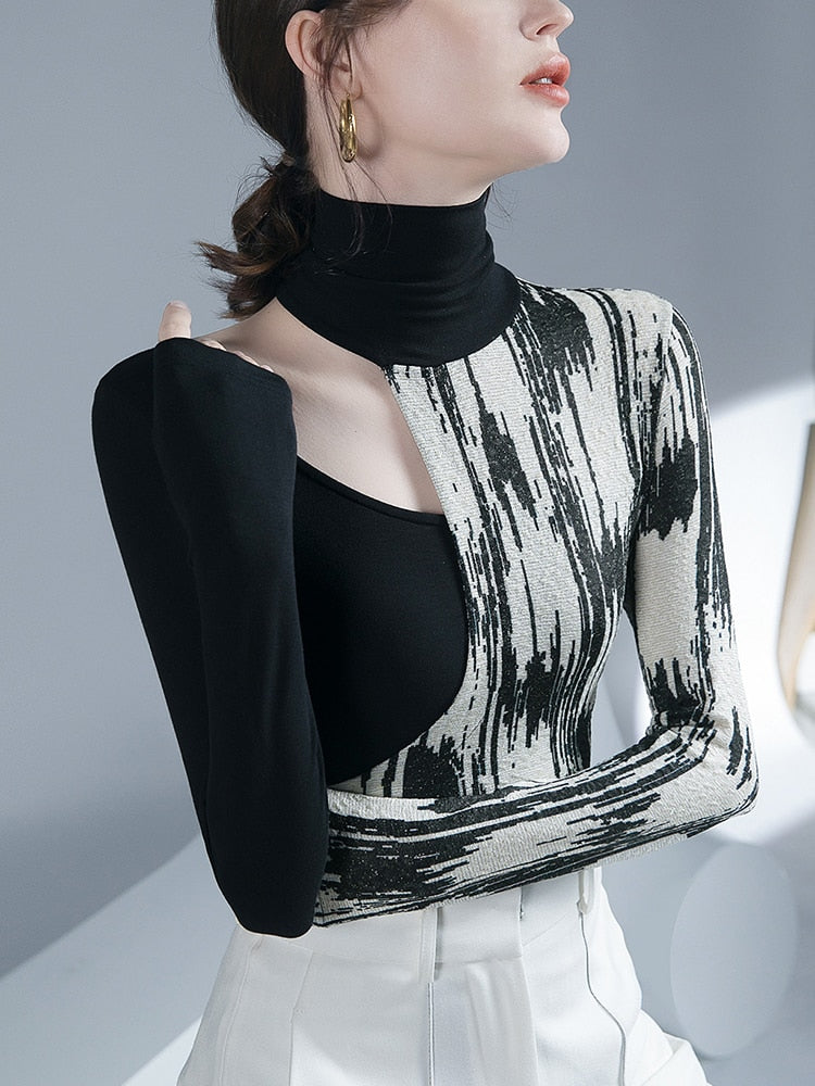 Dam Blus Geometrisk Viskos Semi-Transparent Rollkrage-5