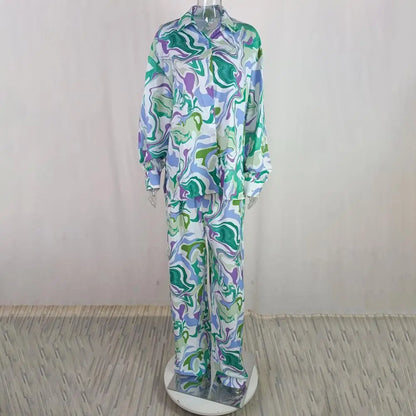 Dam Tvådelad Uppsättning Löst Sittande Polyester med Livligt Tryck-5