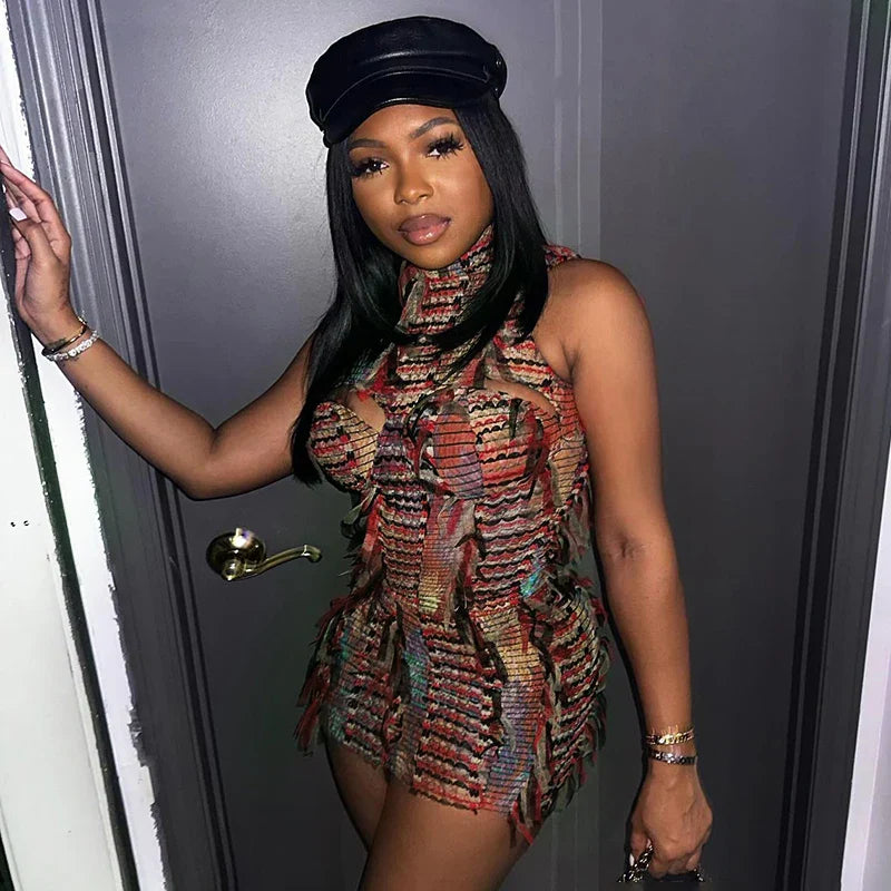 Dam Mini Klänning Turtleneck Perforerad Blandning av Bomull och Polyester-4