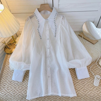 Kvinnors Blus Monokrom Chiffong med Klockärmar-5