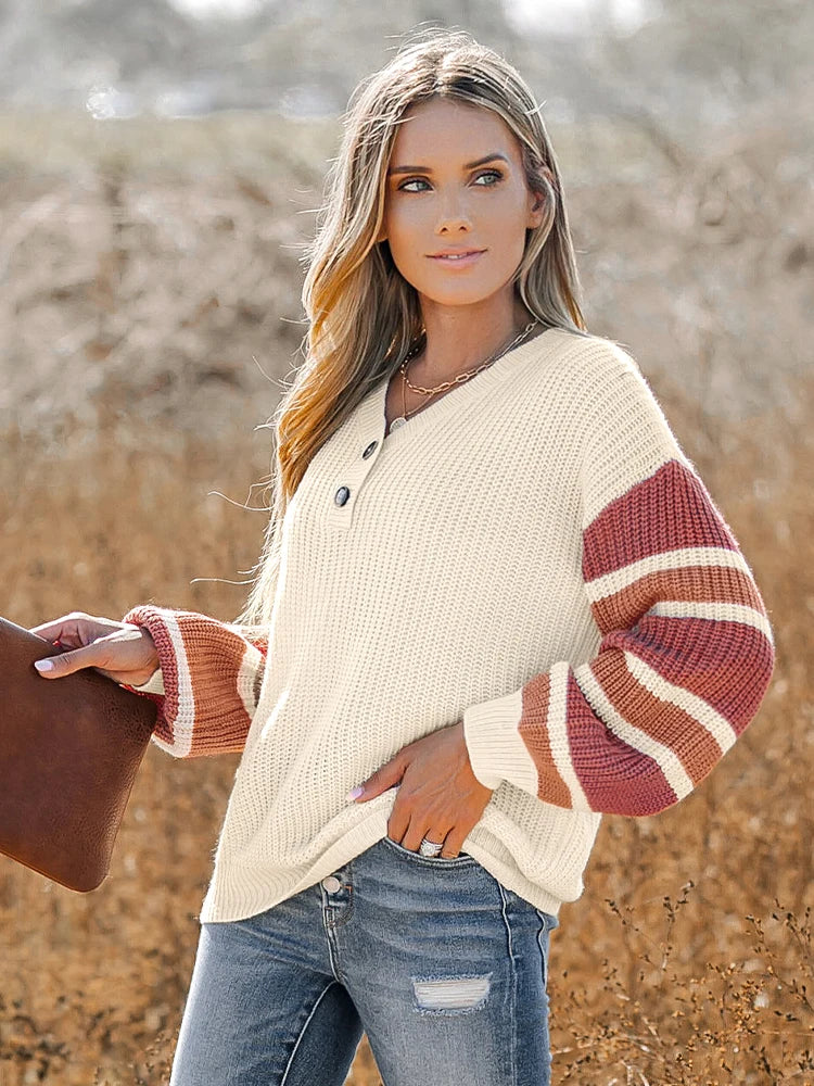 Stickad Dam Tröja V-ringad Mjuk Material Avslappnad Passform-4