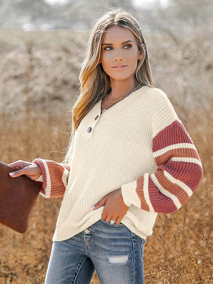 Stickad Dam Tröja V-ringad Mjuk Material Avslappnad Passform-4