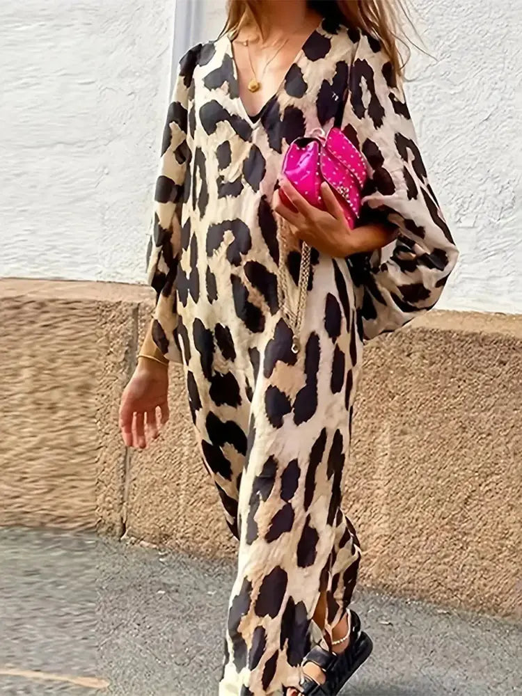 Dam Klänning Leopardmönster Tre Kvart Ärmar Löst Snitt Luftigt Tyg-3
