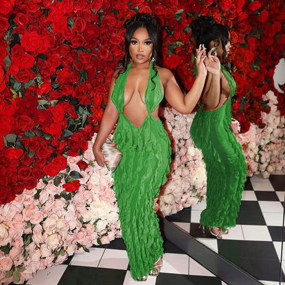 Maxiklänning Dam V-ringning i Bomullsblandning med Spaghetti Axelband-4