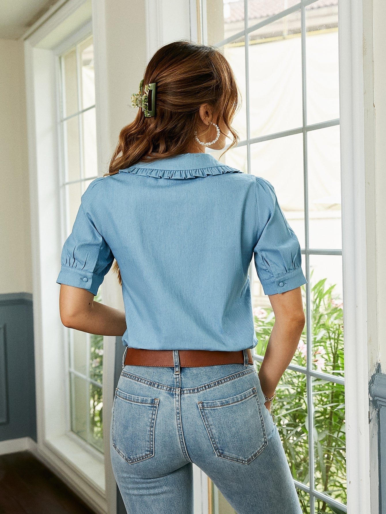 Dam Denimblus Blommönster Kort Ärmar Bomull-5