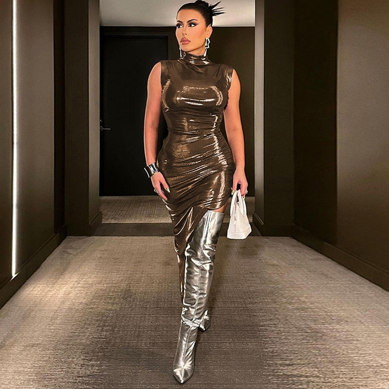 Fina Dam Klänningar Asymmetrisk Midi Turtleneck Polyester-1