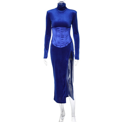 Dam Midi Klänning i Sammet med Standardärmar och Elastisk Passform-6