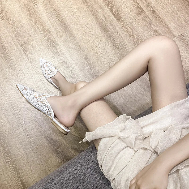 Dam Skor Mules Platta Mesh Design-6